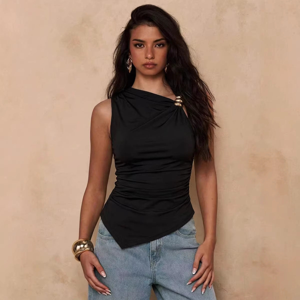 Metal Buckle Solid Color Slim Fit Irregularly Tops