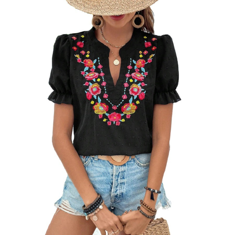 Attractive Women's Floral Embroidered Puff Sleeve Shorts