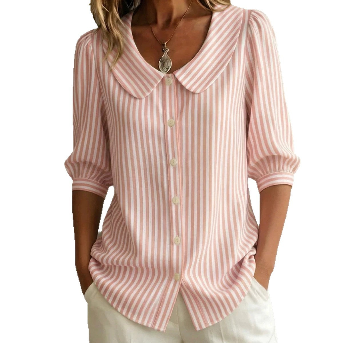 Women's Summer Doll Collar Striped Button Shirt Blouse