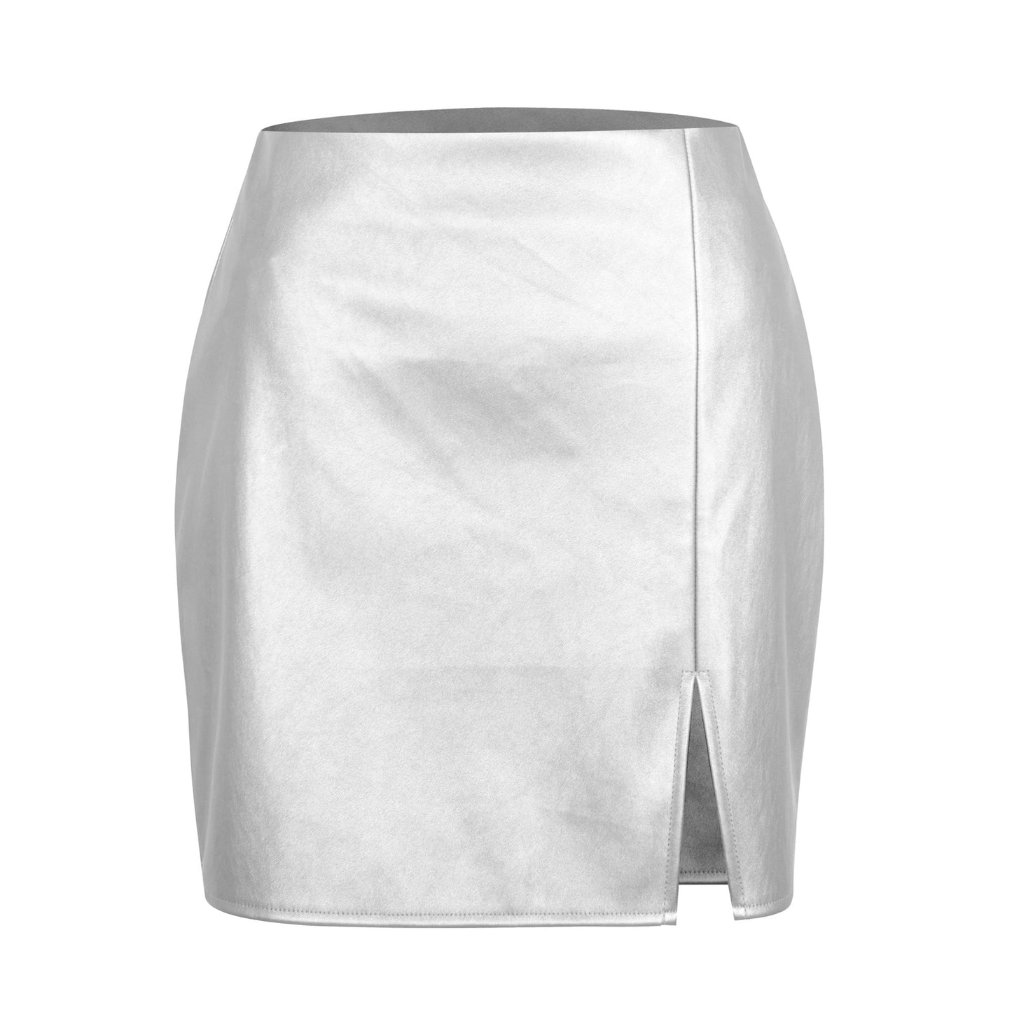 Women's Metallic Split Leather Sexy High Waist Zipper Hip Skirt