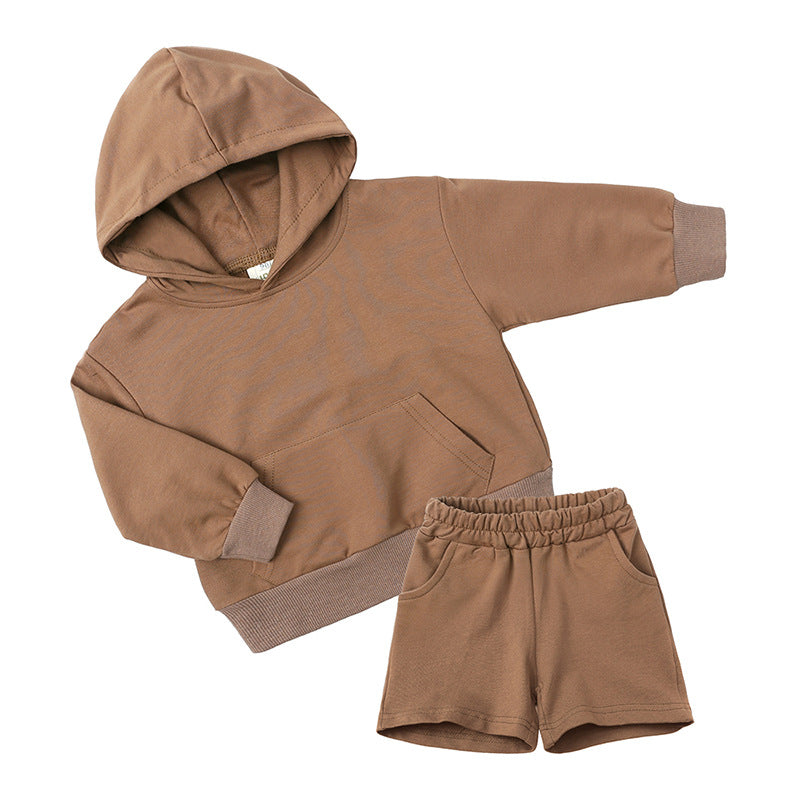 Children's Long-sleeved Sweater Shorts Two-piece Set Solid Color Boys Thickening Exercise Children's Suit