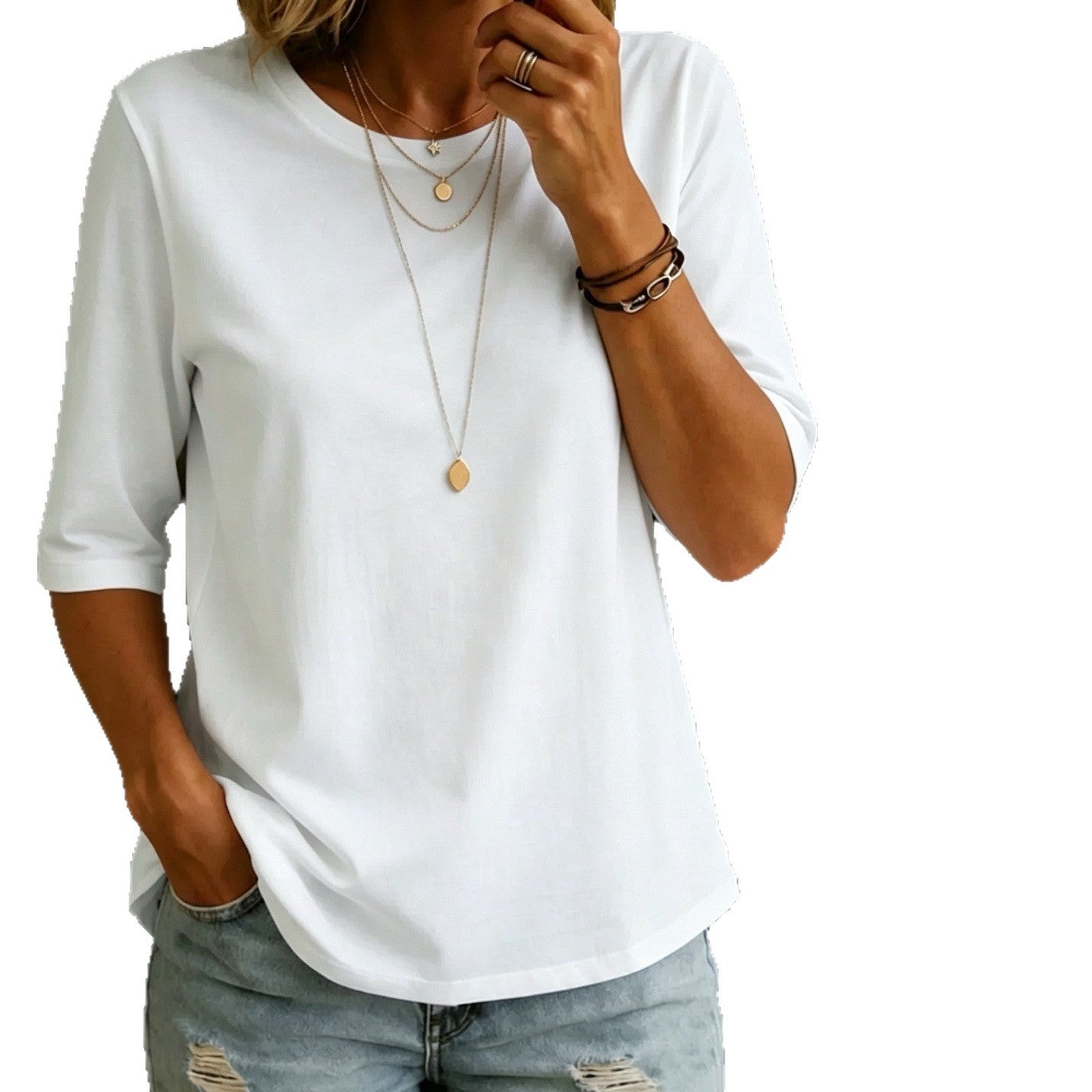Women's Casual Round Neck Shoulder Half Sleeve Women's T-shirt