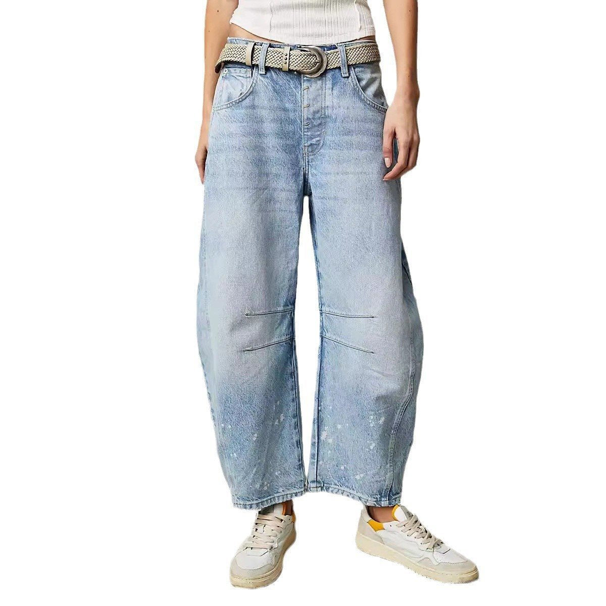 Women's Loose Waist Washed Denim Dark Blue Jeans