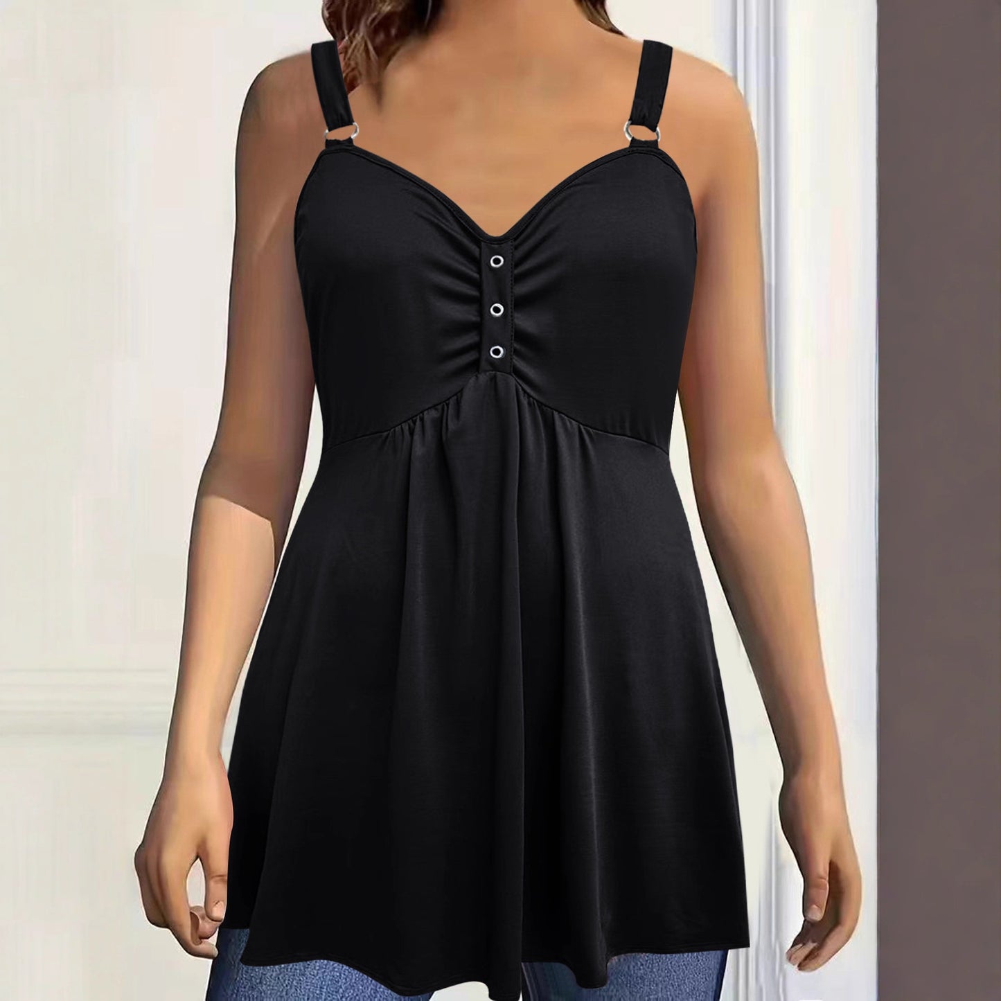 Versatile Solid Color Wide Shoulder Strap Pleated Large Vests