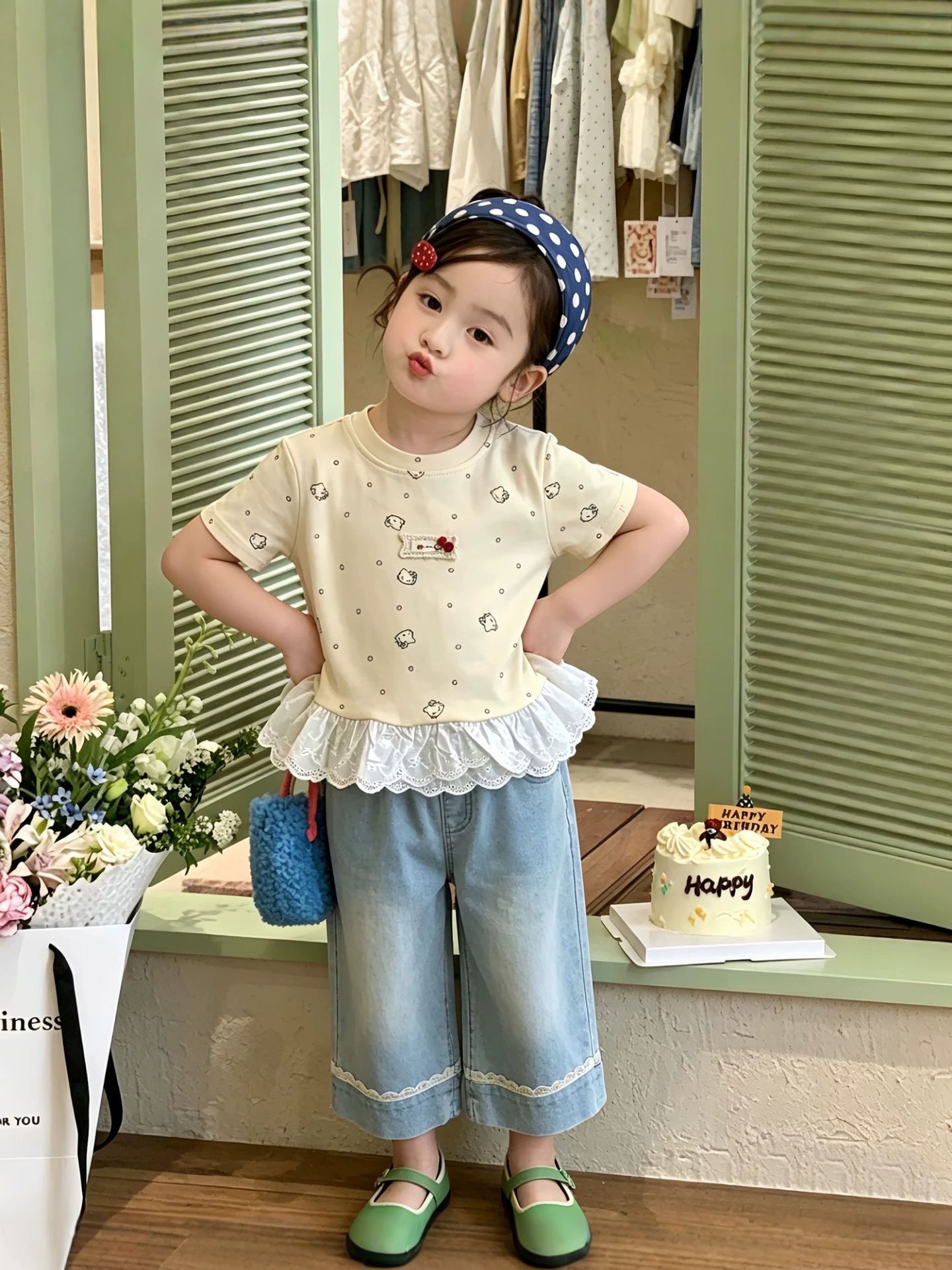 Summer Korean Style Fashionable Floral Stitching Lace Short Sleeve Children's T-shirt