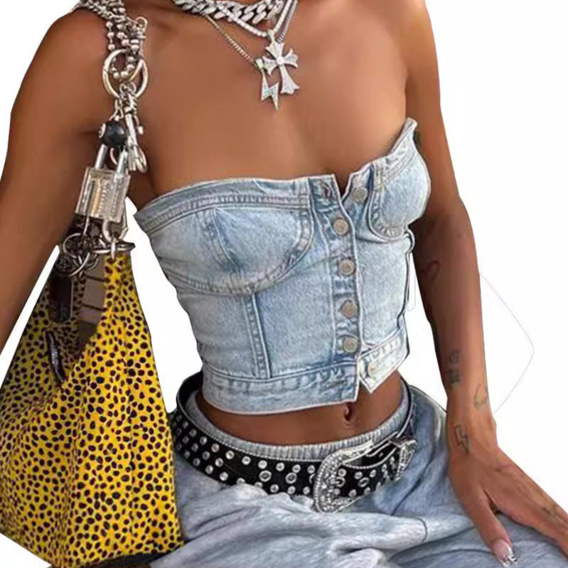 Women's Fashionable Elastic Band Denim Tube For Small Vest/suspenders/tube Top