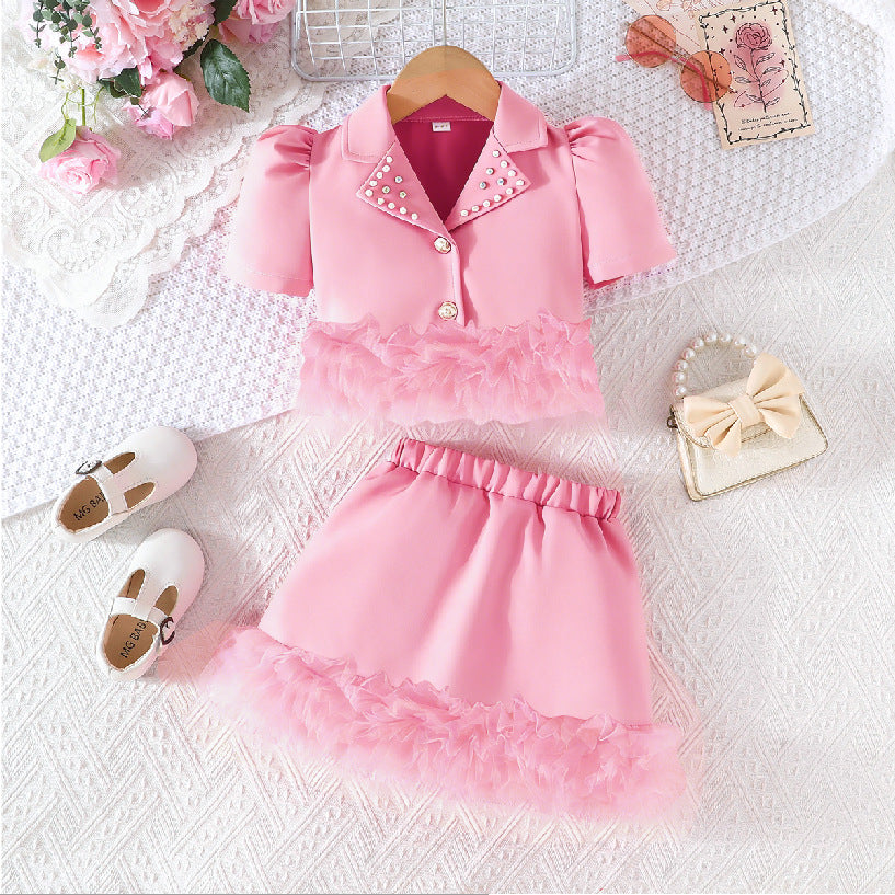 Summer Solid Color Collar Beaded Top Mesh Lace Children's Suit