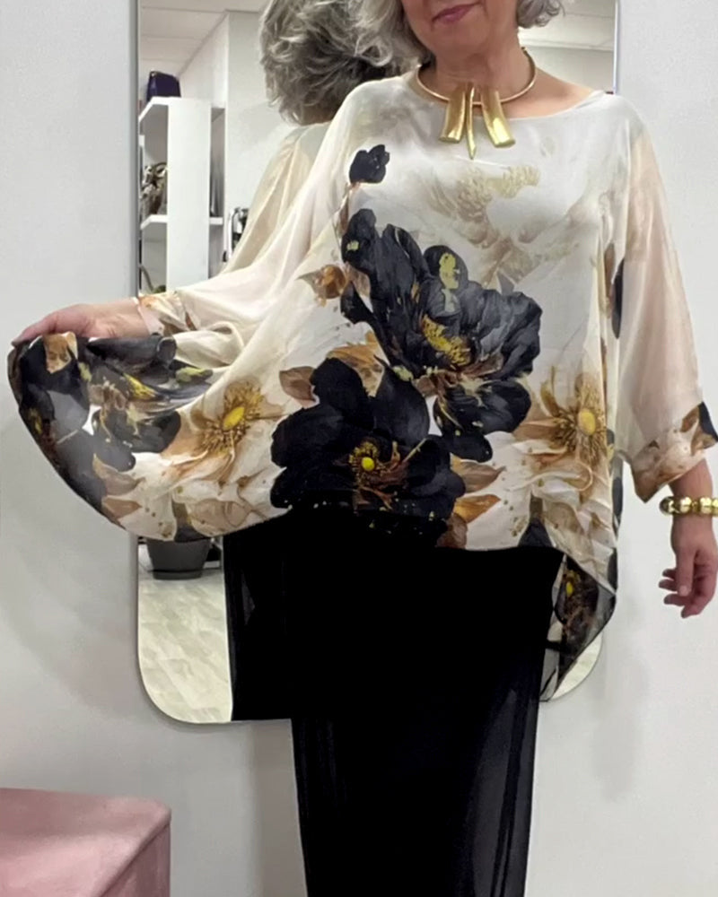 Summer Loose Round Neck Long Sleeve Irregular Large Lace Shirt, Chiffon Shirt