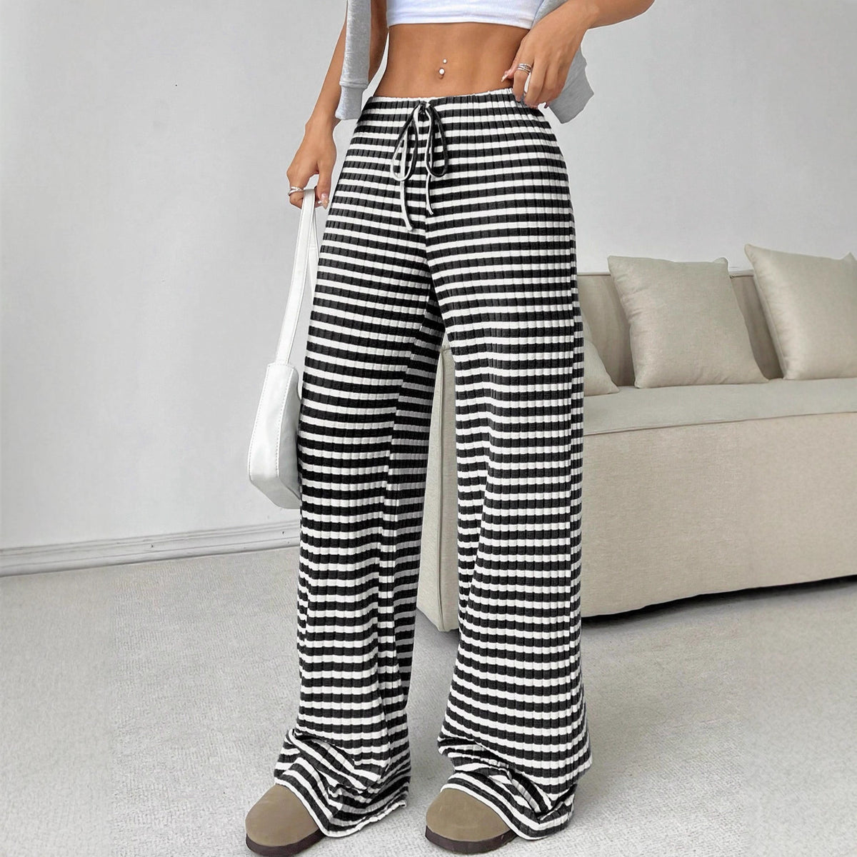 Women's Striped Solid Color Rubber Band Drawstring Casual Pants
