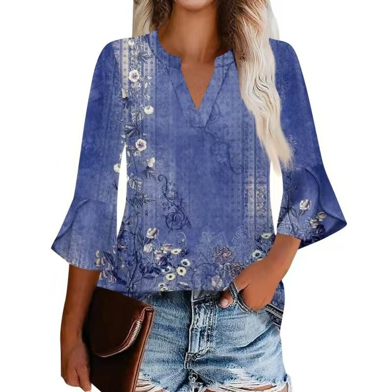 Women's Shirt Petal Sleeve Fashion Printed Loose Blouse
