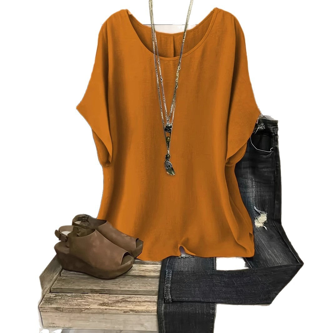 Women's Summer Retro Crew Neck Solid Color Cotton Linen Tops