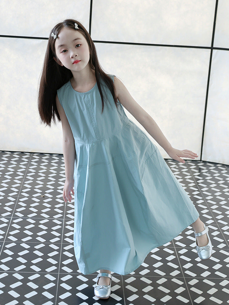 Children's Cotton High-grade Summer French Vest Skirt Blue Temperament Long Children's Dress