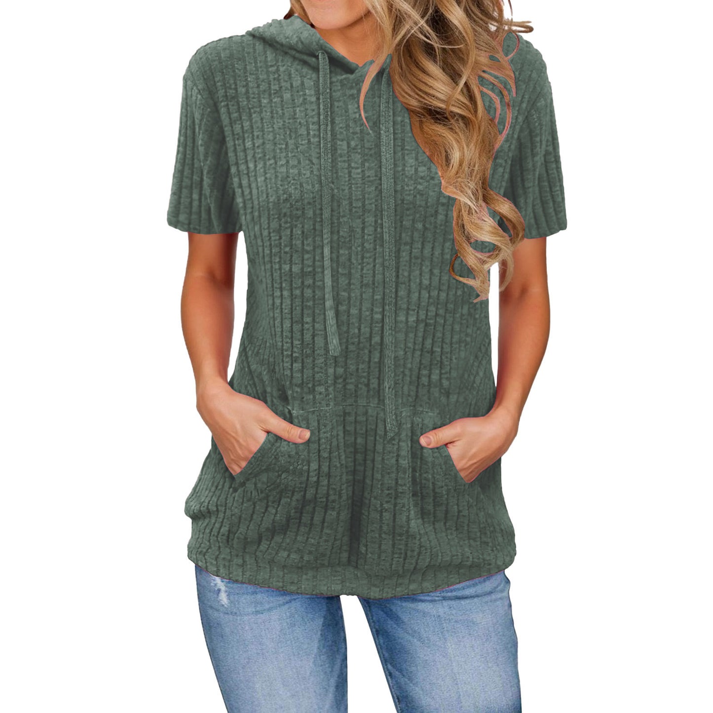 Women's Sunken Stripe Pocket Hooded Vacation Short-sleeved Women's T-shirt