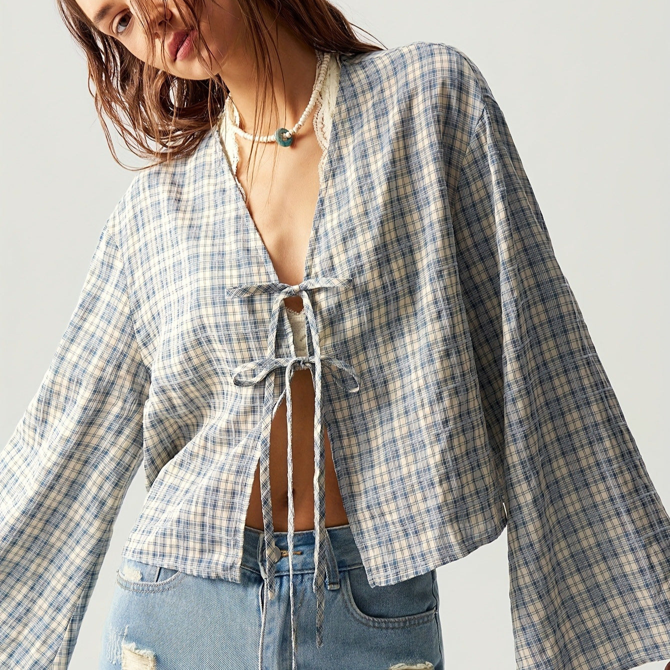 Women's American Retro Plaid Shirt Collar Flared Sleeve Blouse