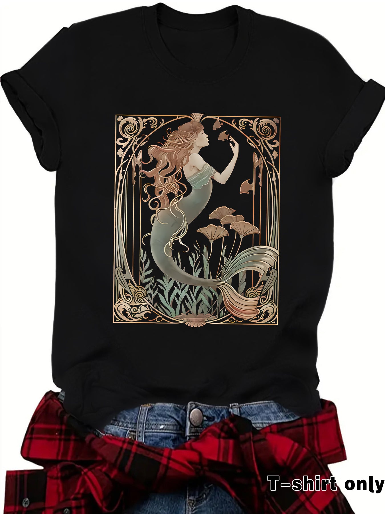 Women's Casual Feminist Mermaid Pattern Summer Round Neck Women's T-shirt