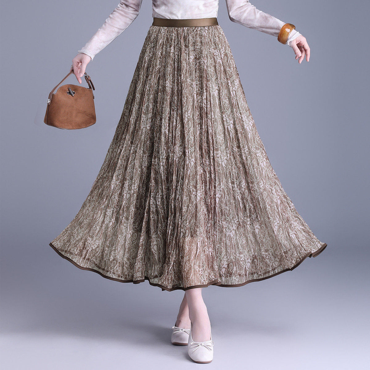 Purple Floral Pleated Autumn Slimming High Waist Crimp Skirt