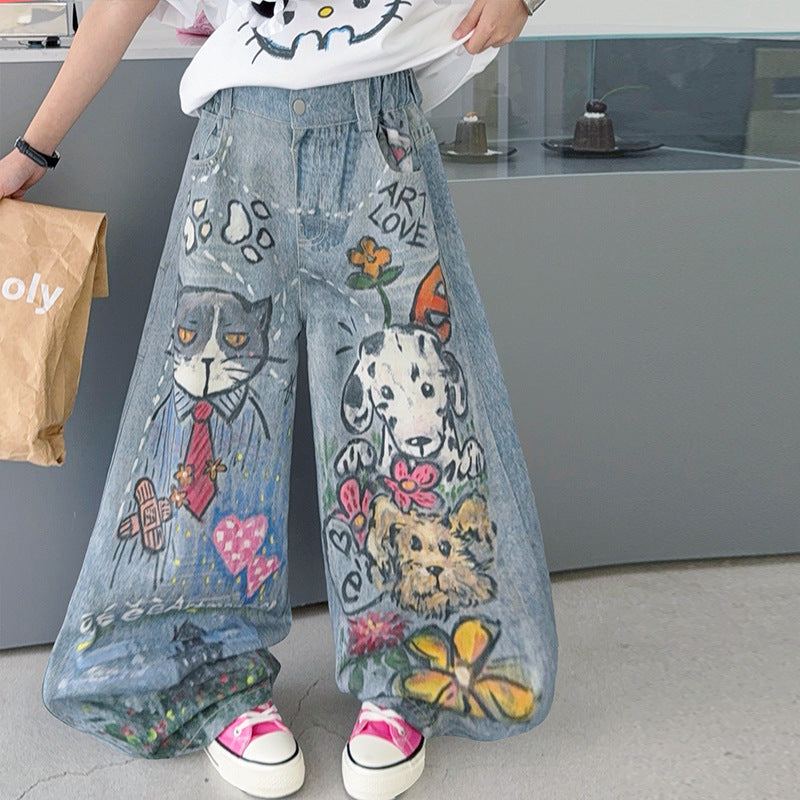 Printed Short-sleeved Jeans Korean Cartoon T-shirt Iti Pants Children's Suit