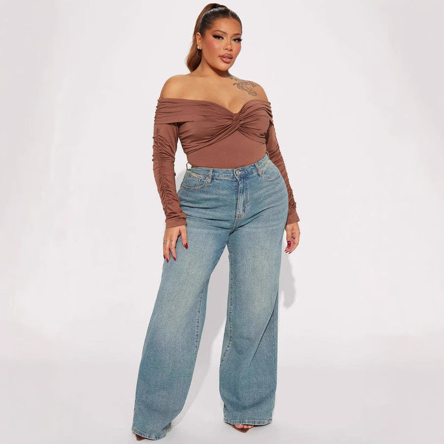 Women's Spring Retro Wide Leg Embroidered Elastic Straight Casual Jeans