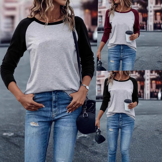 Women's In Contrast Color Pullover Long Sleeve Simple Women's T-shirt