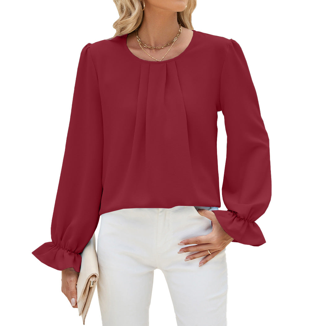 Solid Color Round Neck Loose Long Tops