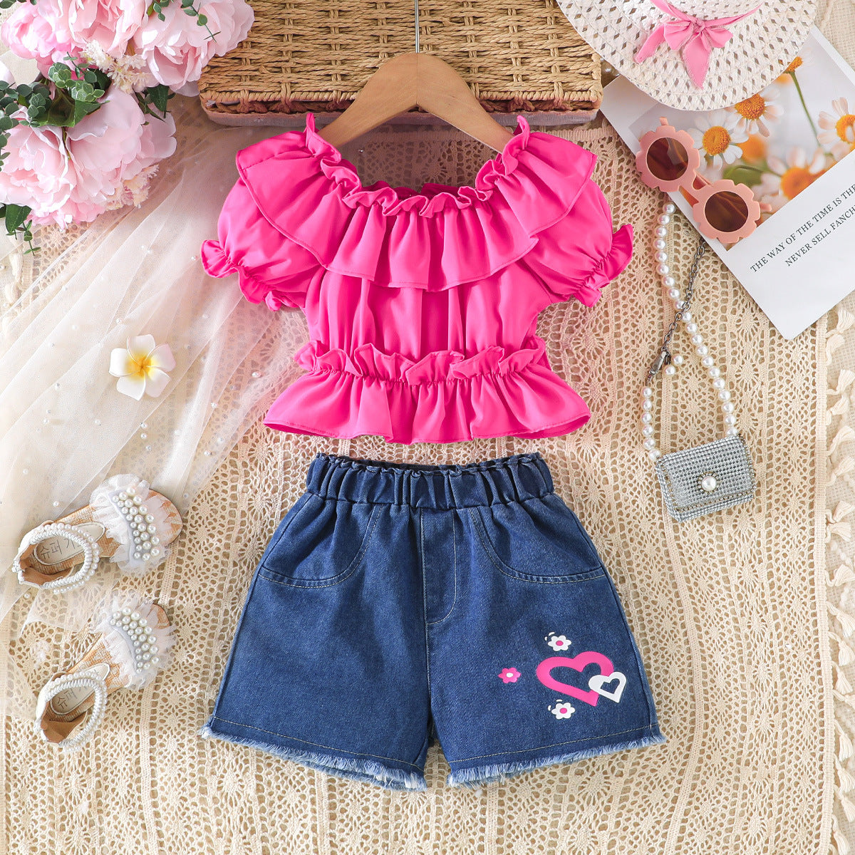 Summer Wear Pure Color Ruffles Top Love Denim Children's Suit