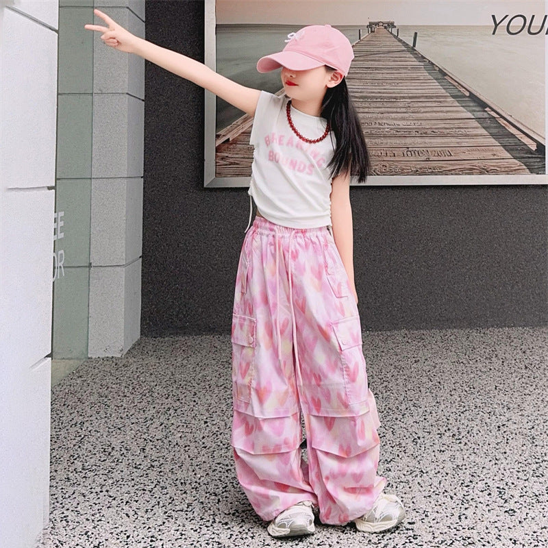 Loose Trousers Middle Big Letter Drawstring Short Sleeve Children's Suit