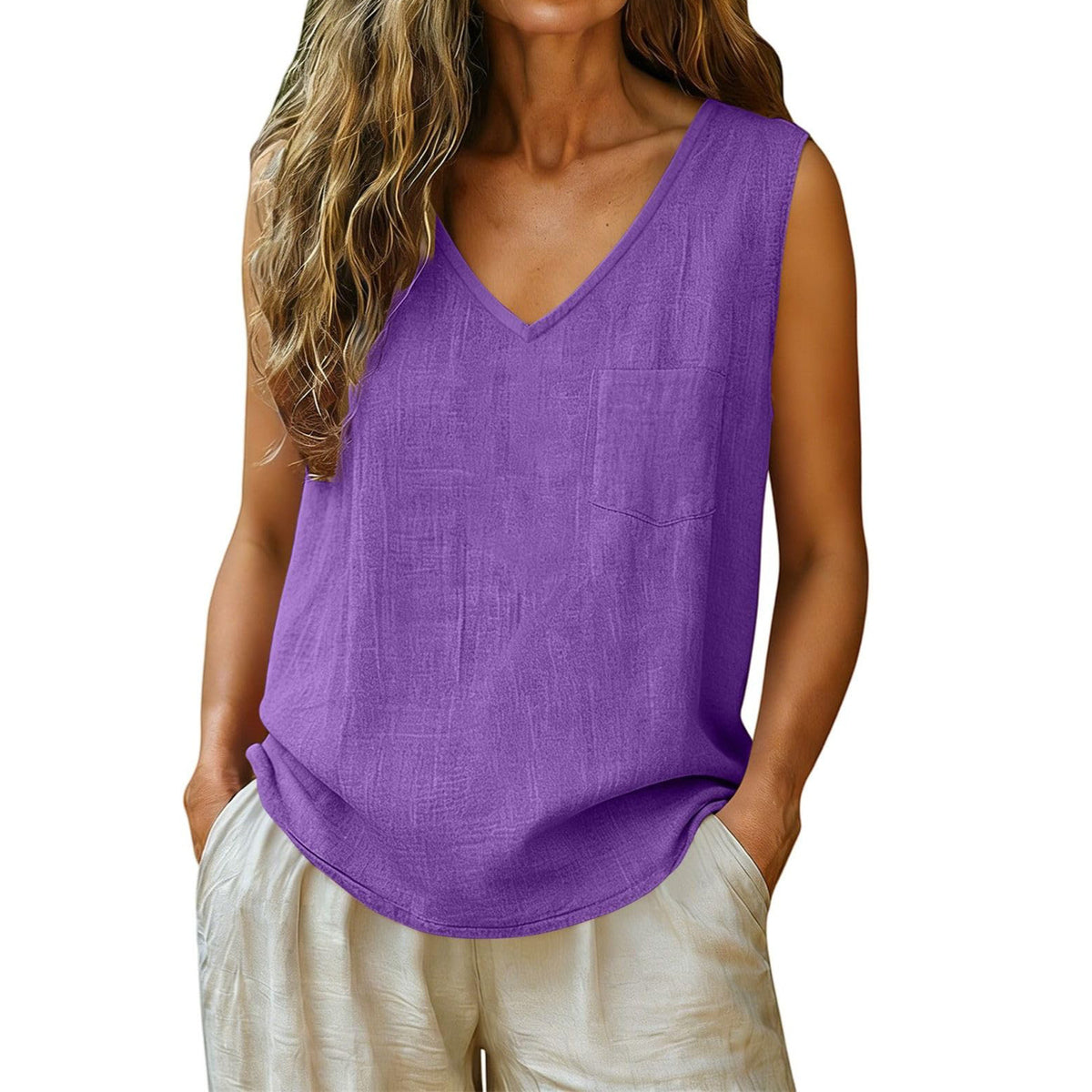 Women's Summer Fashion Casual Pocket Sleeveless Solid Color Cotton Linen Small Vest/suspenders/tube Top