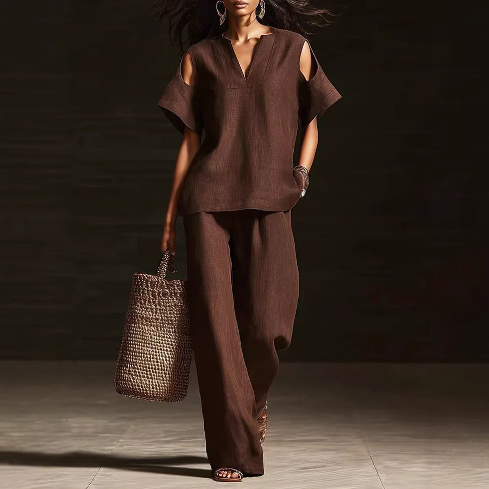 Women's Cotton Linen Solid Color Hole Fashion Casual Suit