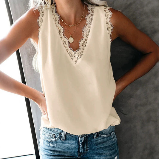 Women's Summer Loose Solid Color Lace Sleeveless Chiffon Women's T-shirt