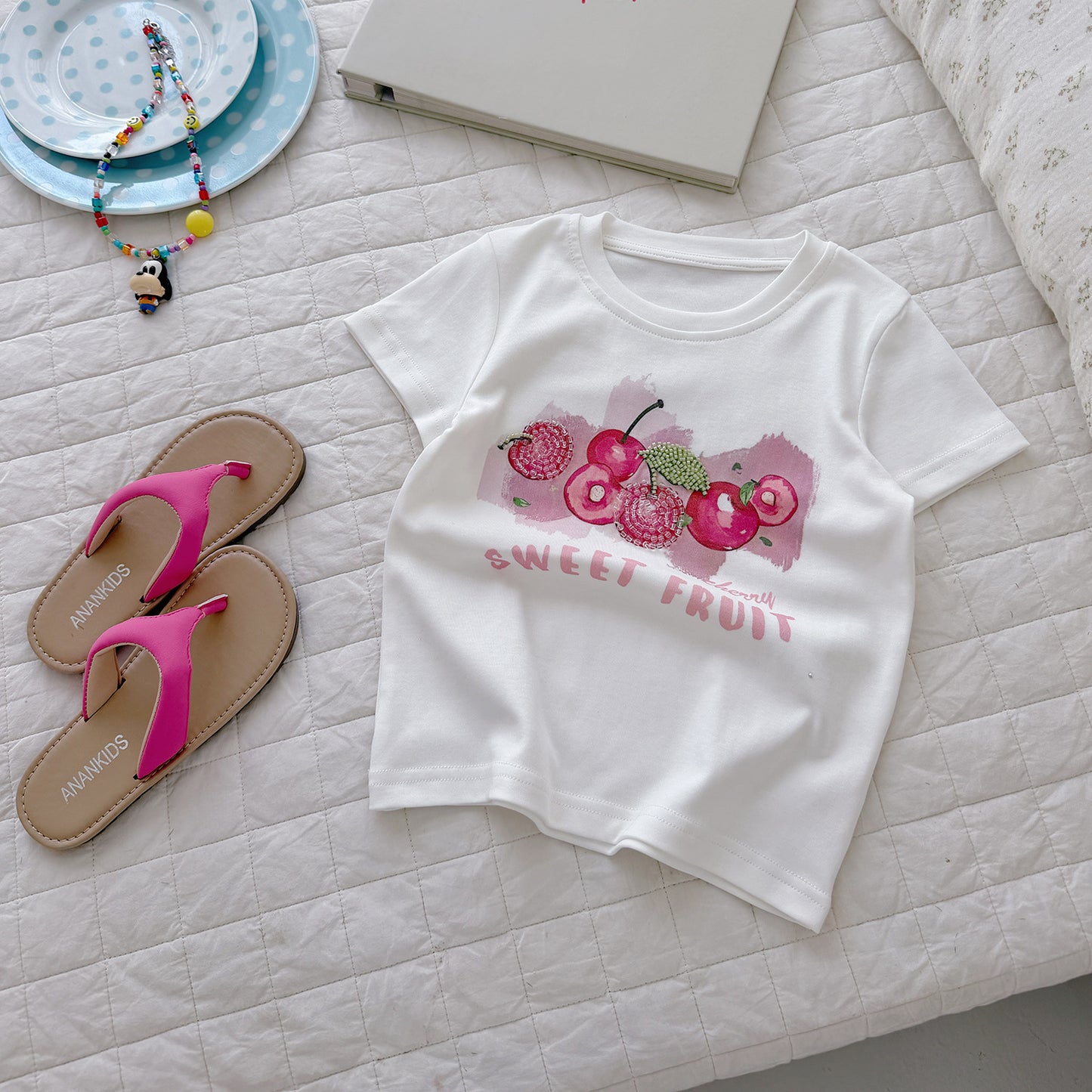 Children's Tide Cotton Short-sleeved Summer Fruit Spray Printing Pearl Embroidery Tops Children's T-shirt