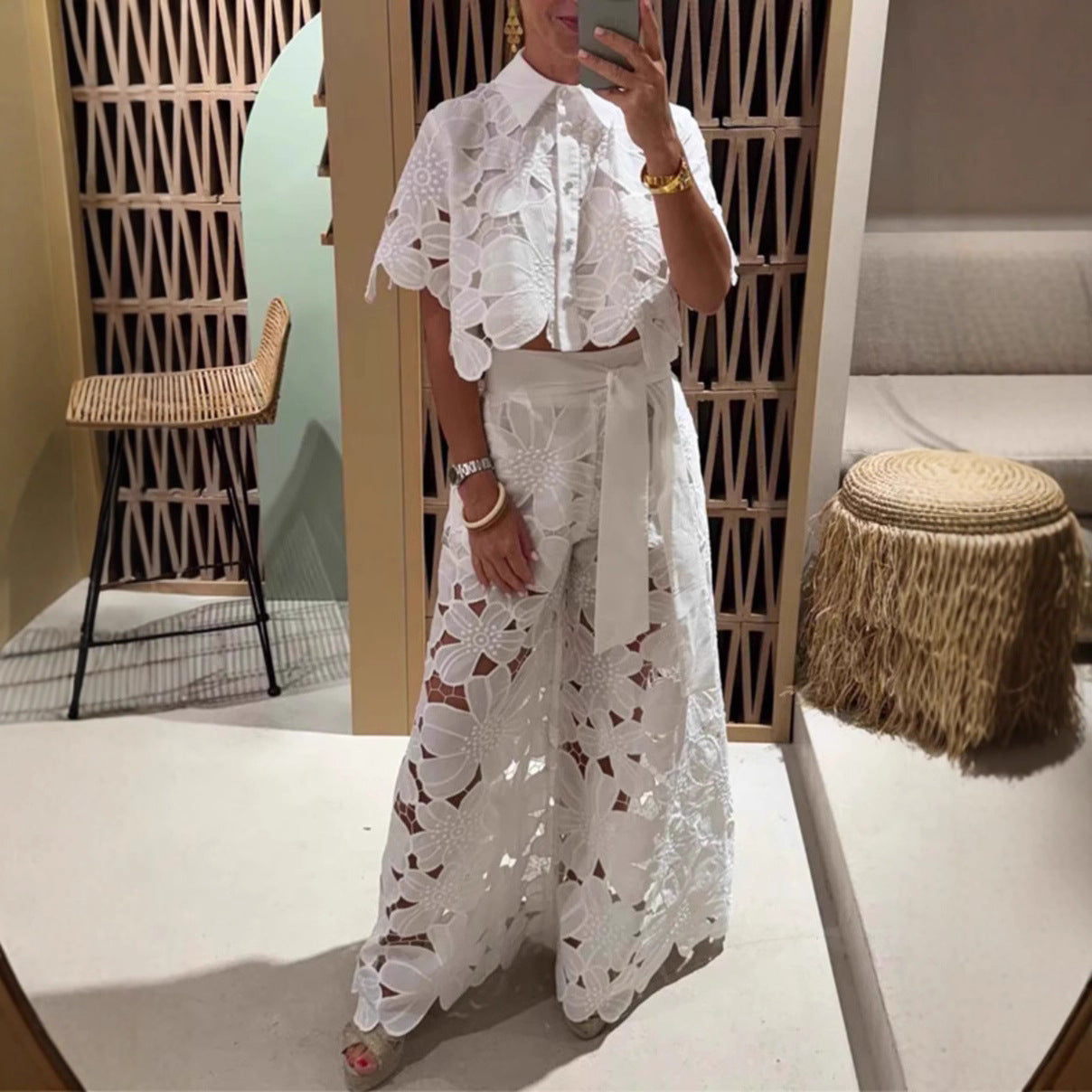 Women's Color Sexy Cutout Wide Leg Two-piece Cardigans