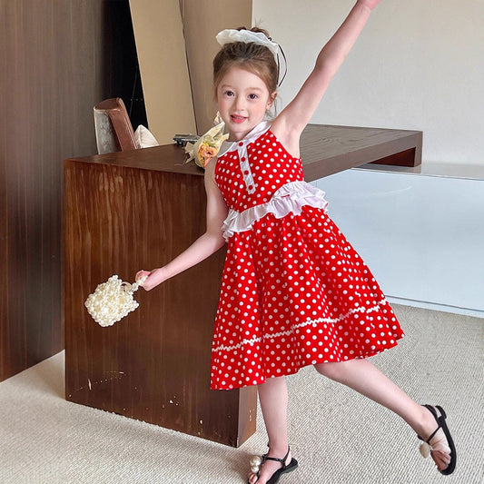 Summer Vacation Style Polka Dot Halter Children's Dress
