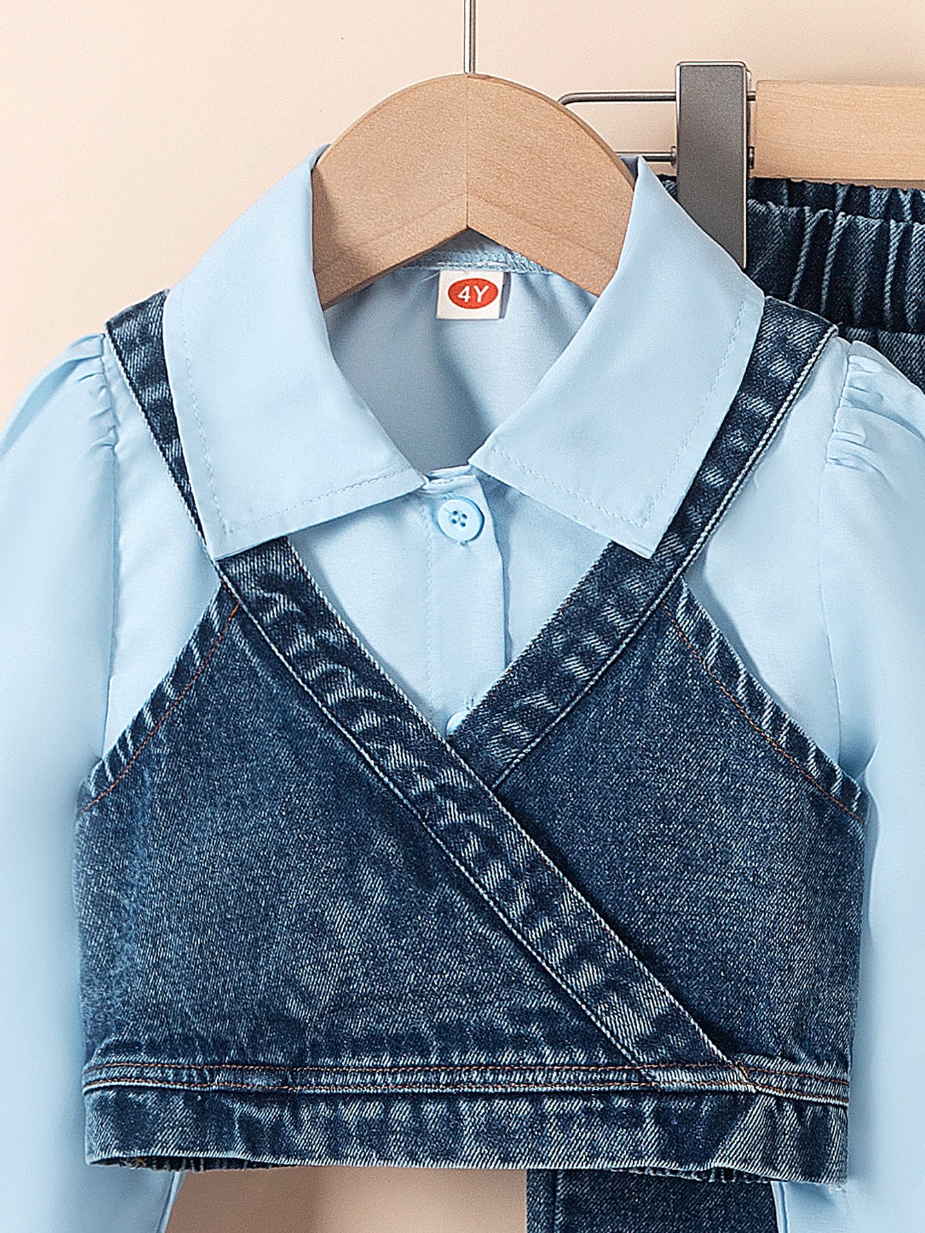 Autumn Lapel Shirt Denim Vest Bead Bell-bottom Pants Children's Suit