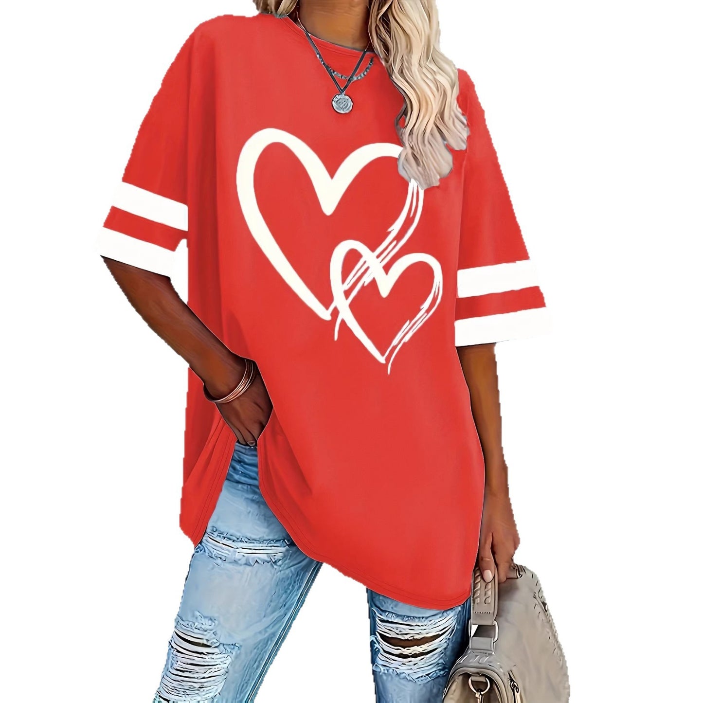 Women's Casual Sleeve Love Elegant Comfortable Pullover Large Size T-shirt
