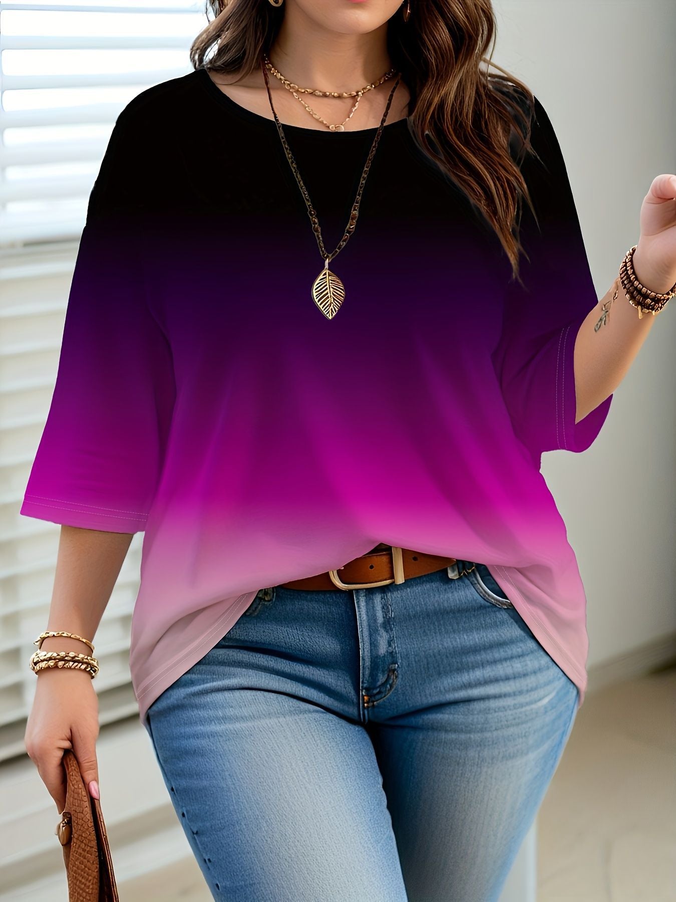 Women's Printed Fashion Gradient Color Sleeve Casual Round Tops