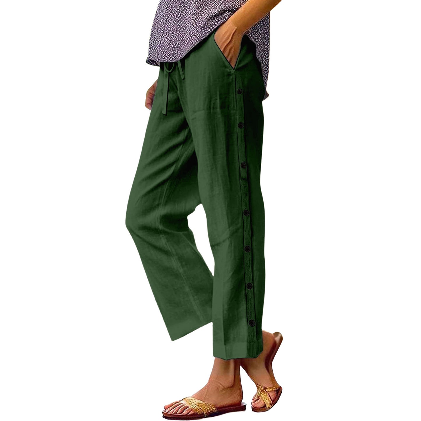 Women's Cropped Side Seam Decorative Buckle Pocket High Waist Pants