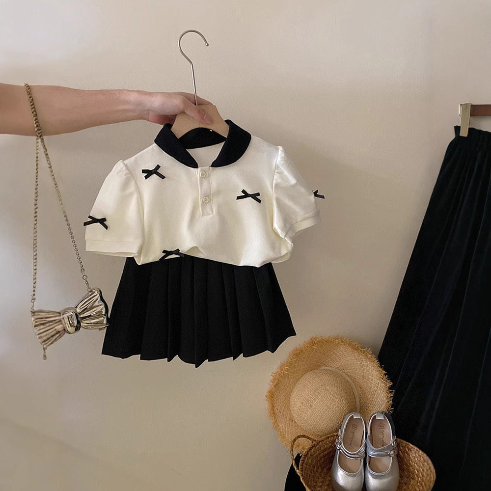 Summer Bow Short-sleeved Shirt Pleated Skirt Children's Suit