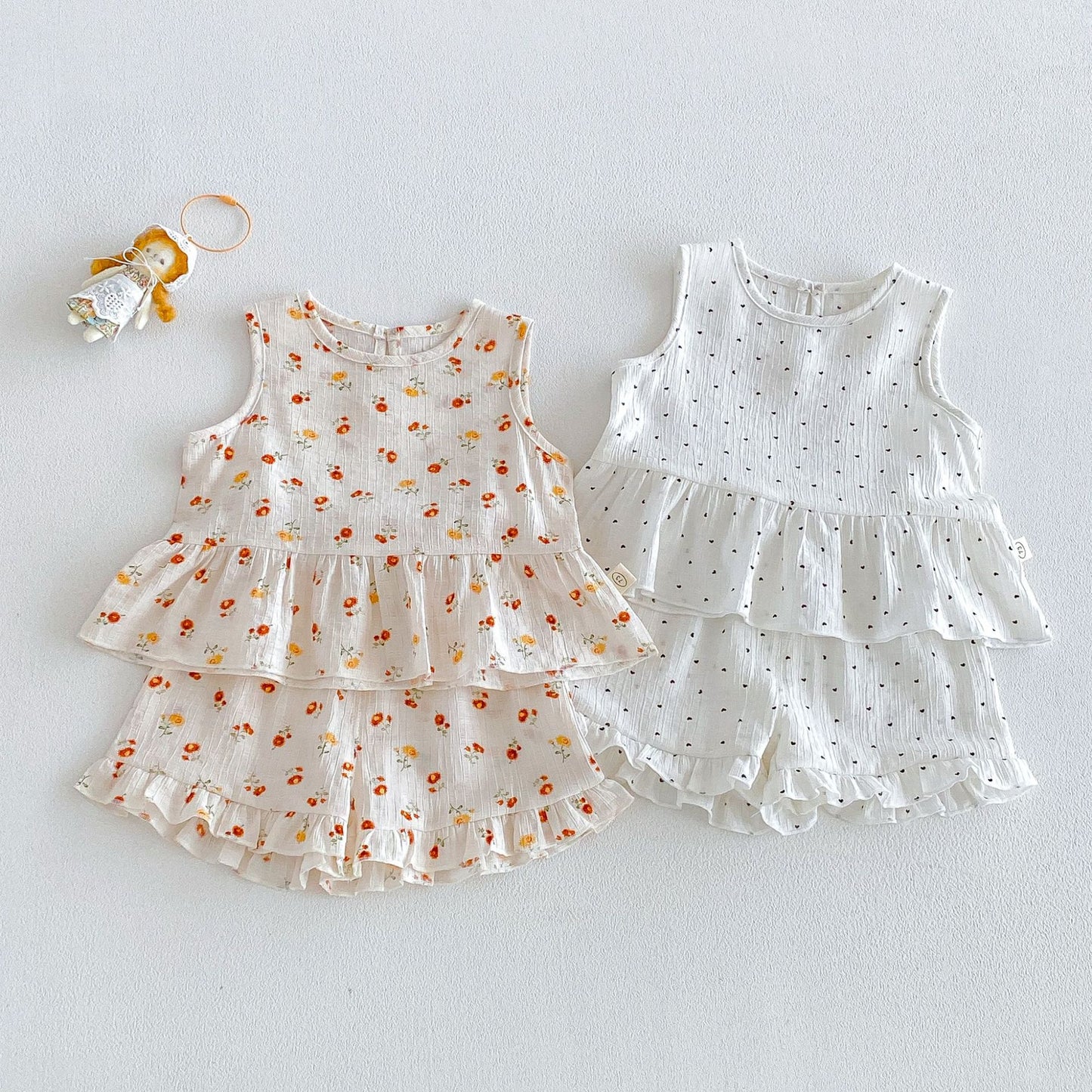 Full Printed Love Summer Korean Floral Doll Shirt Lace Shorts Children's Suit