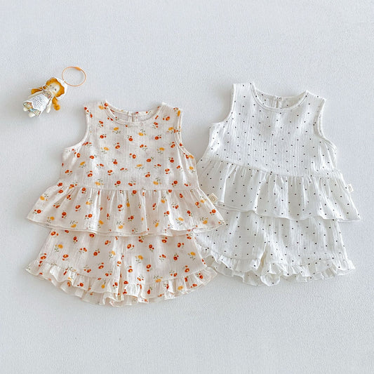 Full Printed Love Summer Korean Floral Doll Shirt Lace Shorts Children's Suit