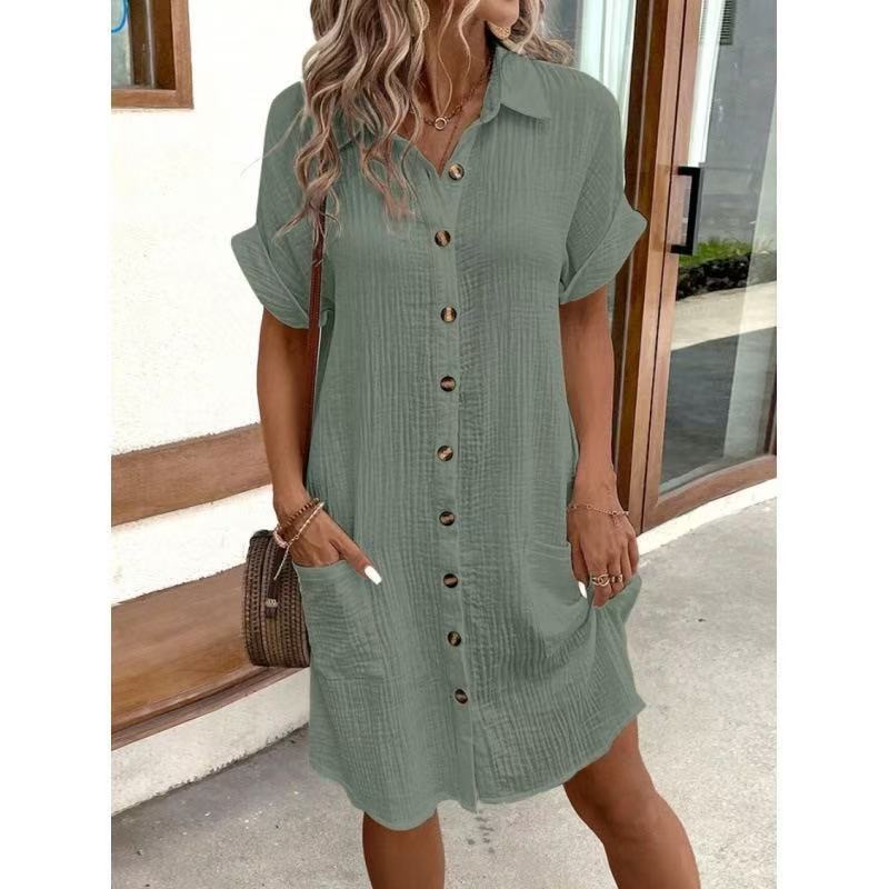 Women's Cotton Linen Breasted Mid-length Sleeve Loose Shirt Shorts