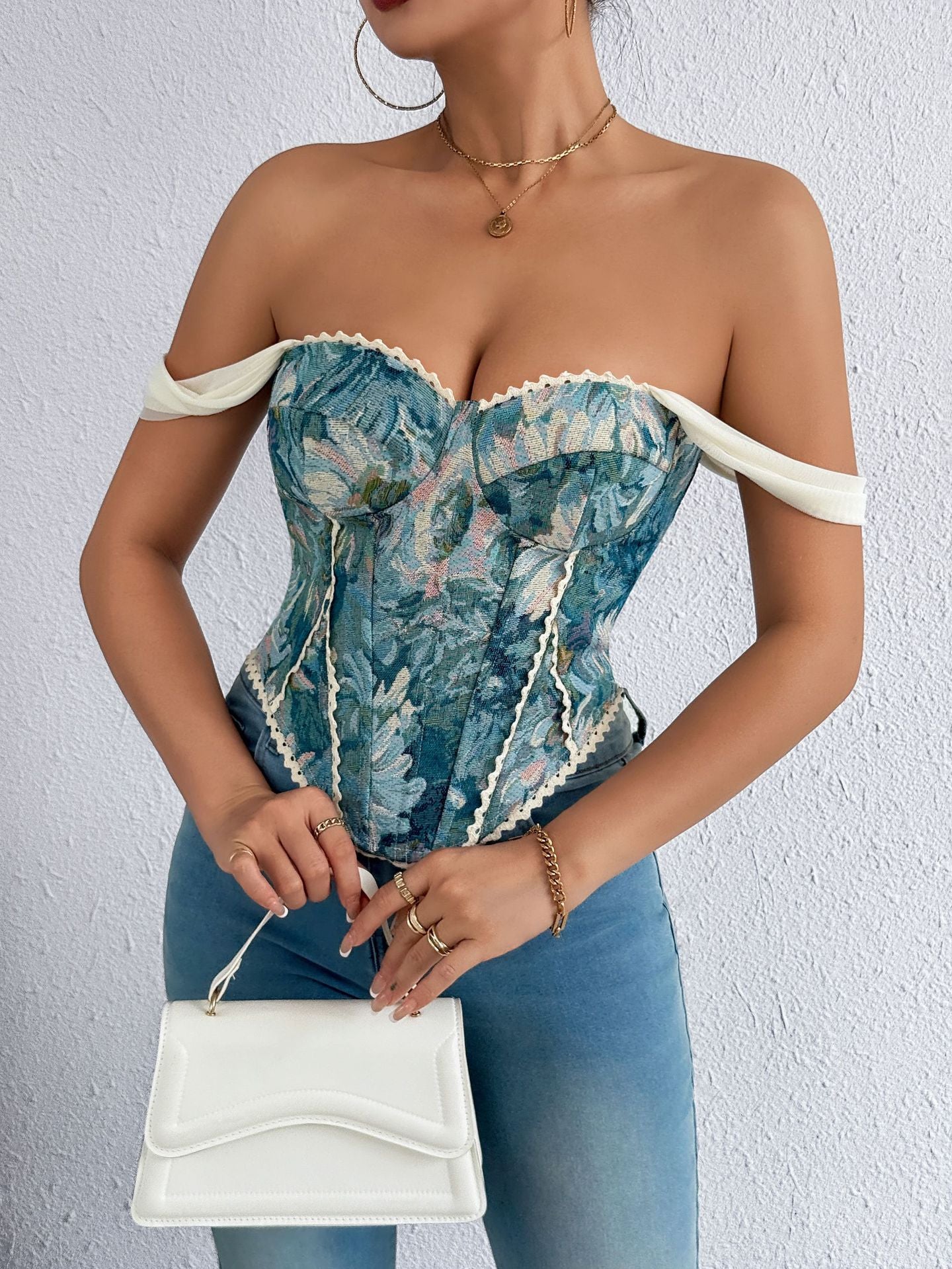 French Jacquard Oil Painting Sense Palace Style Chest Wrap Fishbone Vests