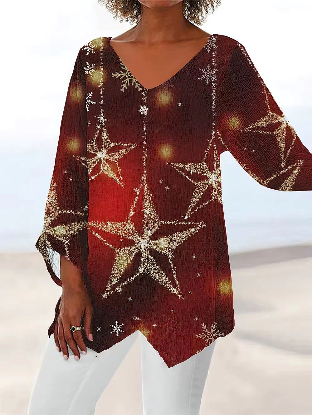 Women's Leisure Loose Irregular Printed Long Sleeve Tops