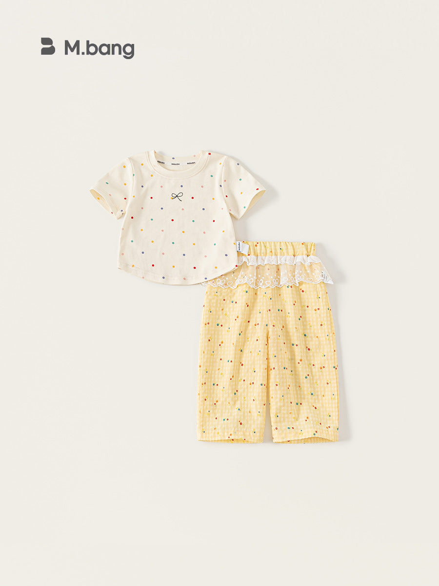 Children's Summer Sweet Polka Dot Short Sleeve Lace Casual Pants Two-piece Children's Suit