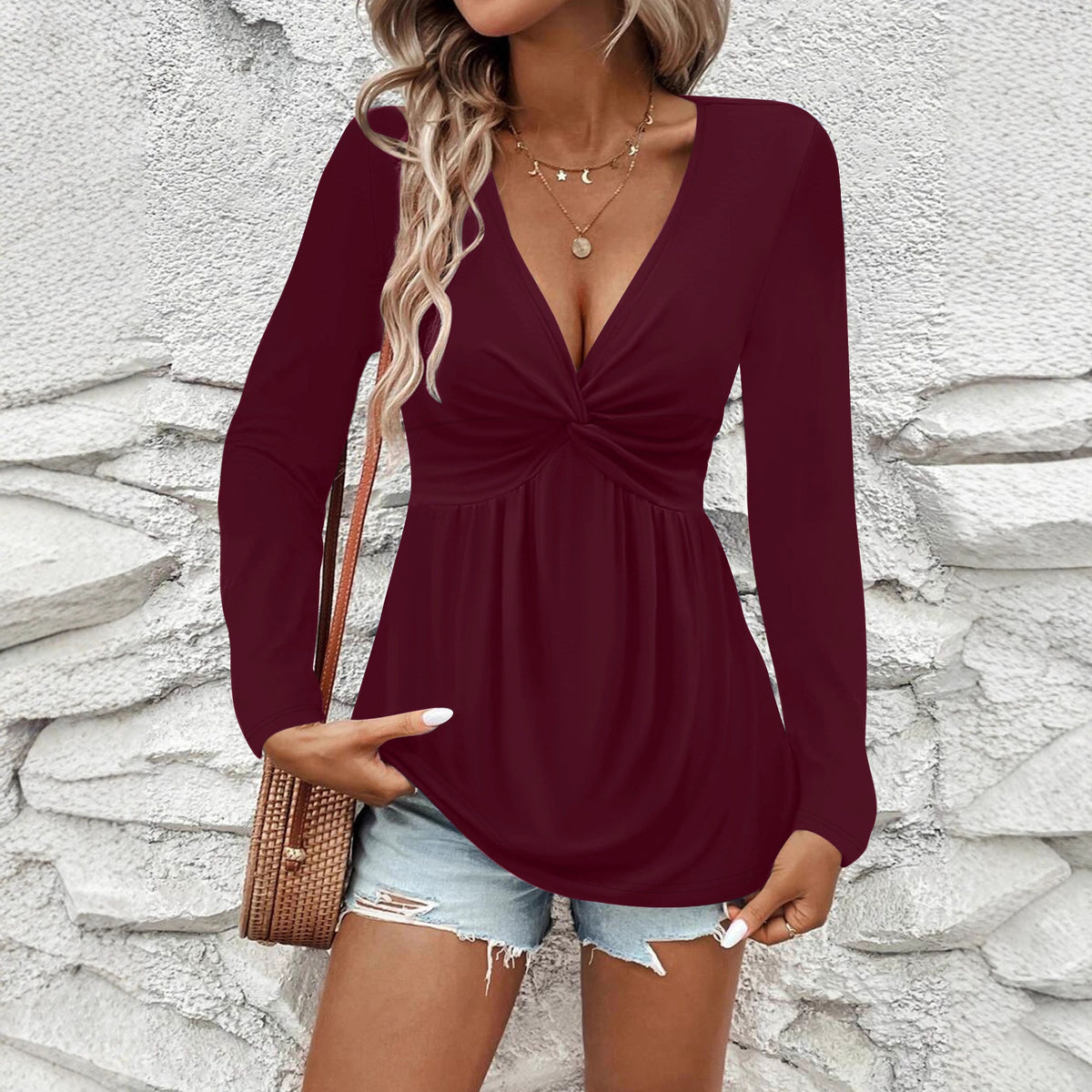 Women's Twist Solid Color Long Sleeve Women's T-shirt