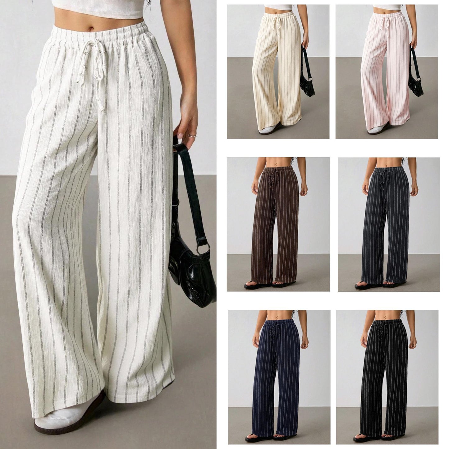 Women's Loose Striped Drawstring Elastic Waist Contrast Color Wide Leg Casual Pants