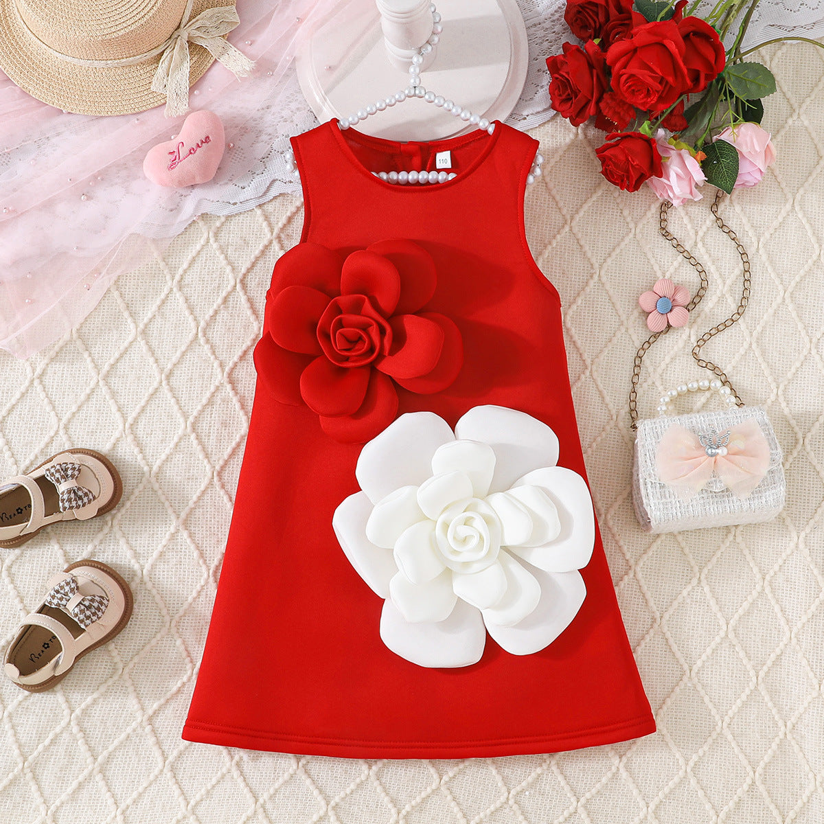 Light Luxury Three-dimensional Red White Flower Vest Children's Dress