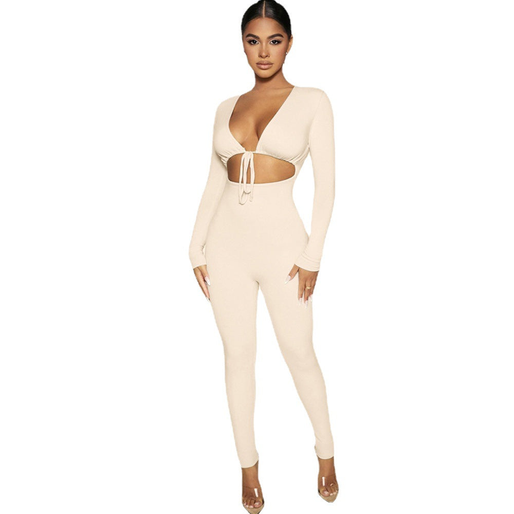 Women's Sexy Navel Cutout Long Sleeve Slim Fit Casual Pants