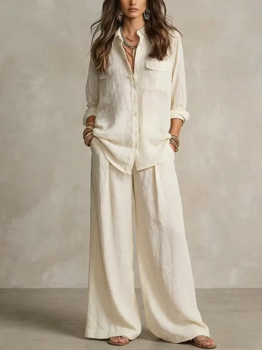Women's Linen Breathable Lightweight Long-sleeved Shirt Vacation Pants