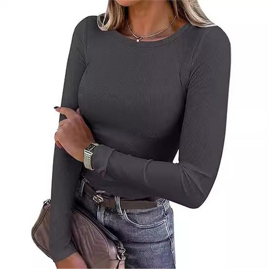 Women's Stretch Crew Neck Rib Shirt Slim Fit Women's T-shirt