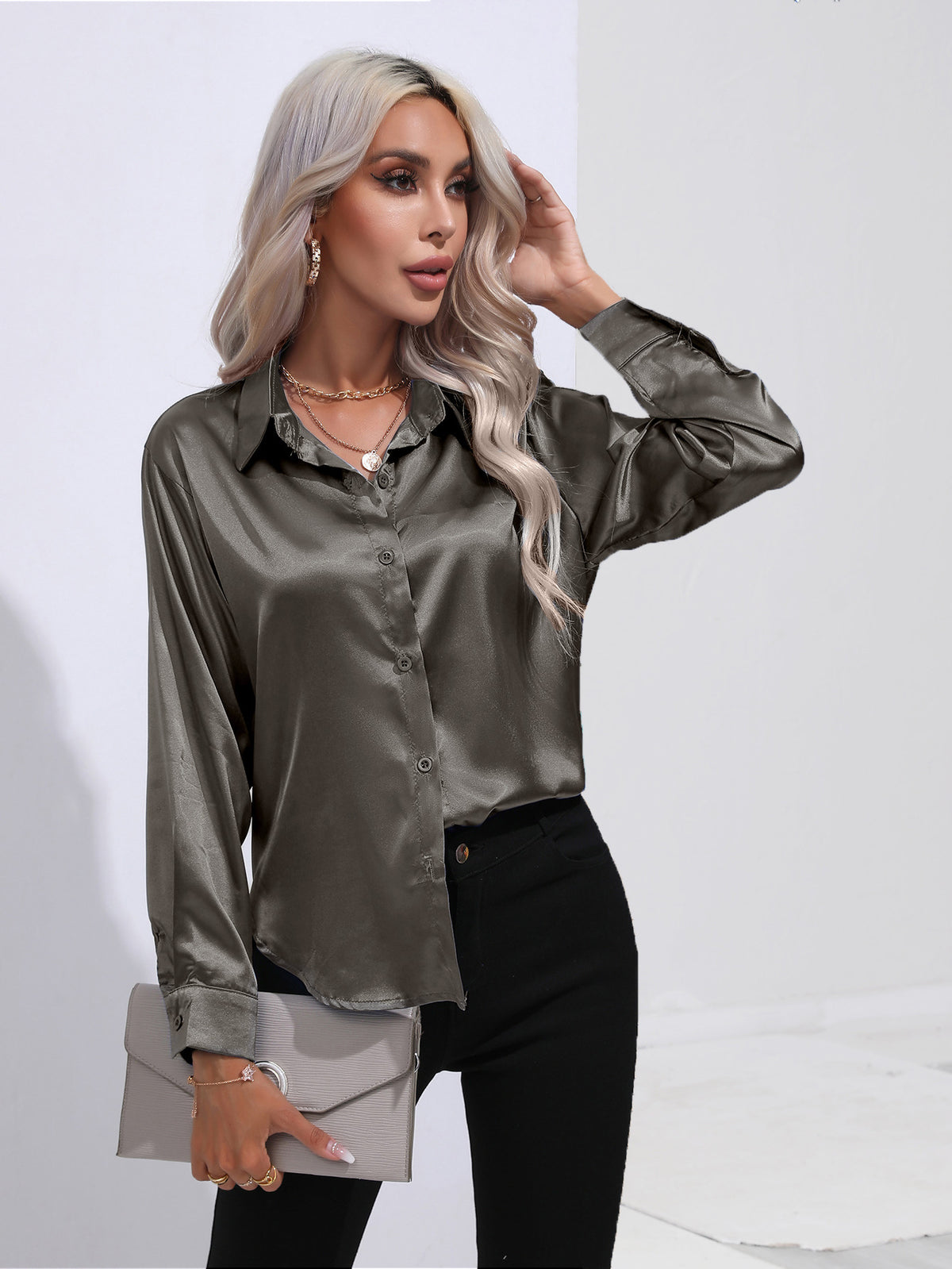 Glamorous Unique Women's Satin Shirt Long-sleeved Blouse